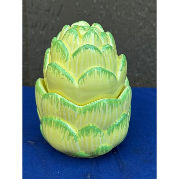 Vintage Haldon Group Artichoke Ceramic Salt Pepper Shaker Set Green Yellow Glaze - Picture 3 of 7